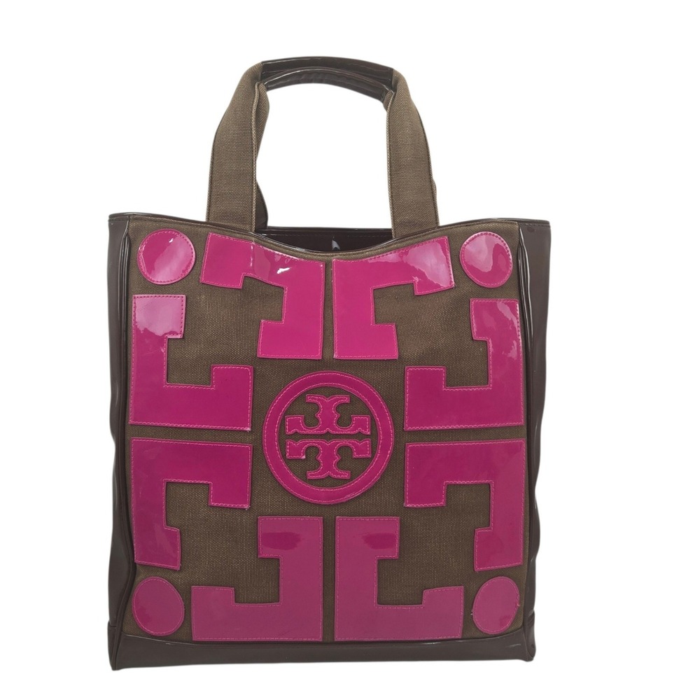 Vtg Tory Burch Ella Tote Bag Brown Canvas w Pink Patent Leather Quadrant Logo